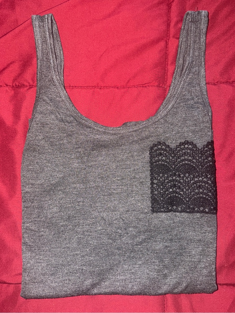 Women’s Small Gray Scoop Tank Top with Black Lace Pocket
